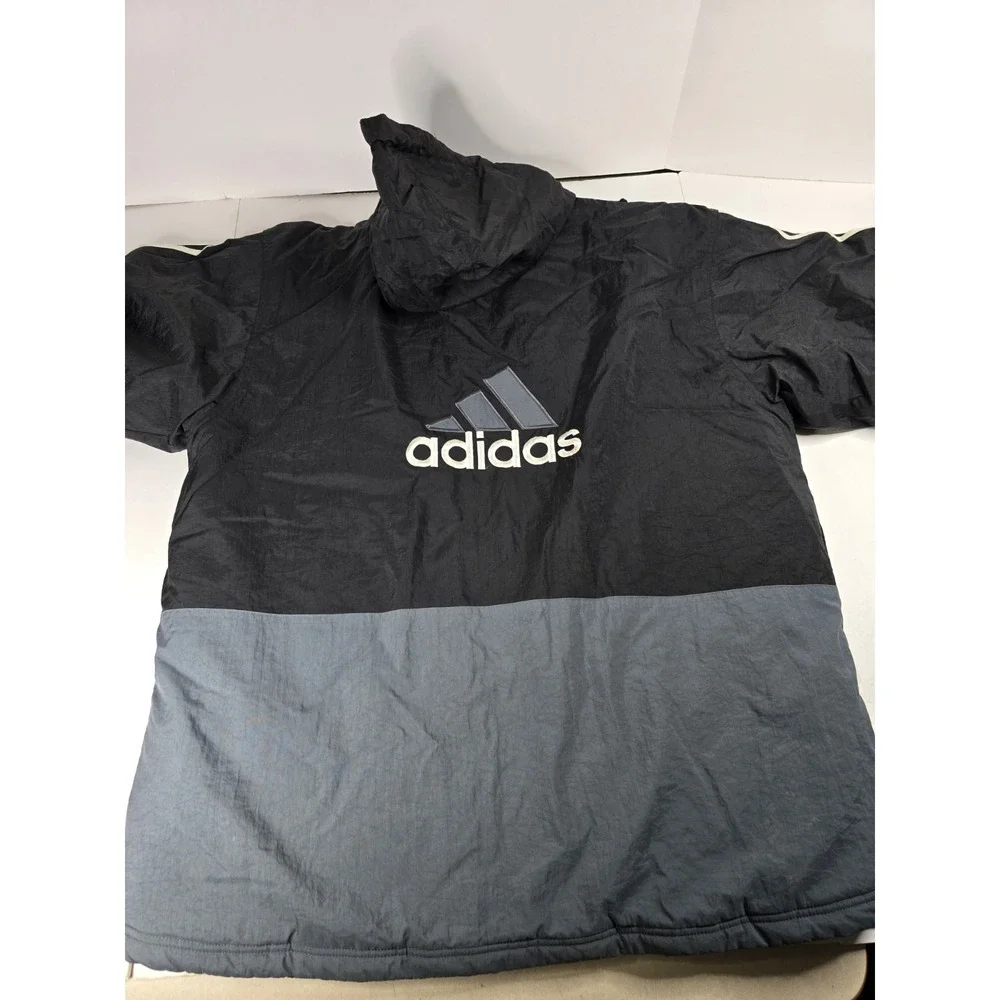 Vintage Adidas Black Gray Winter Hooded Oversized Quilted Jacket Mens Size Large